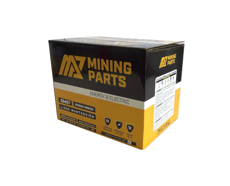 Batería Mining Parts 55Ah 12V 400 CCA con polaridad positivo derecho e instalación en Santiago.