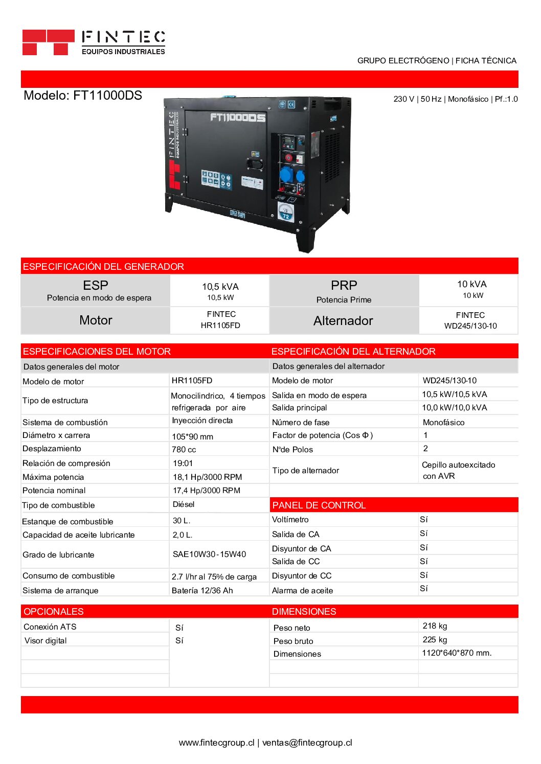 Generador Eléctrico FT11000DS 13 KVA Diésel Monofasico - Imagen 4
