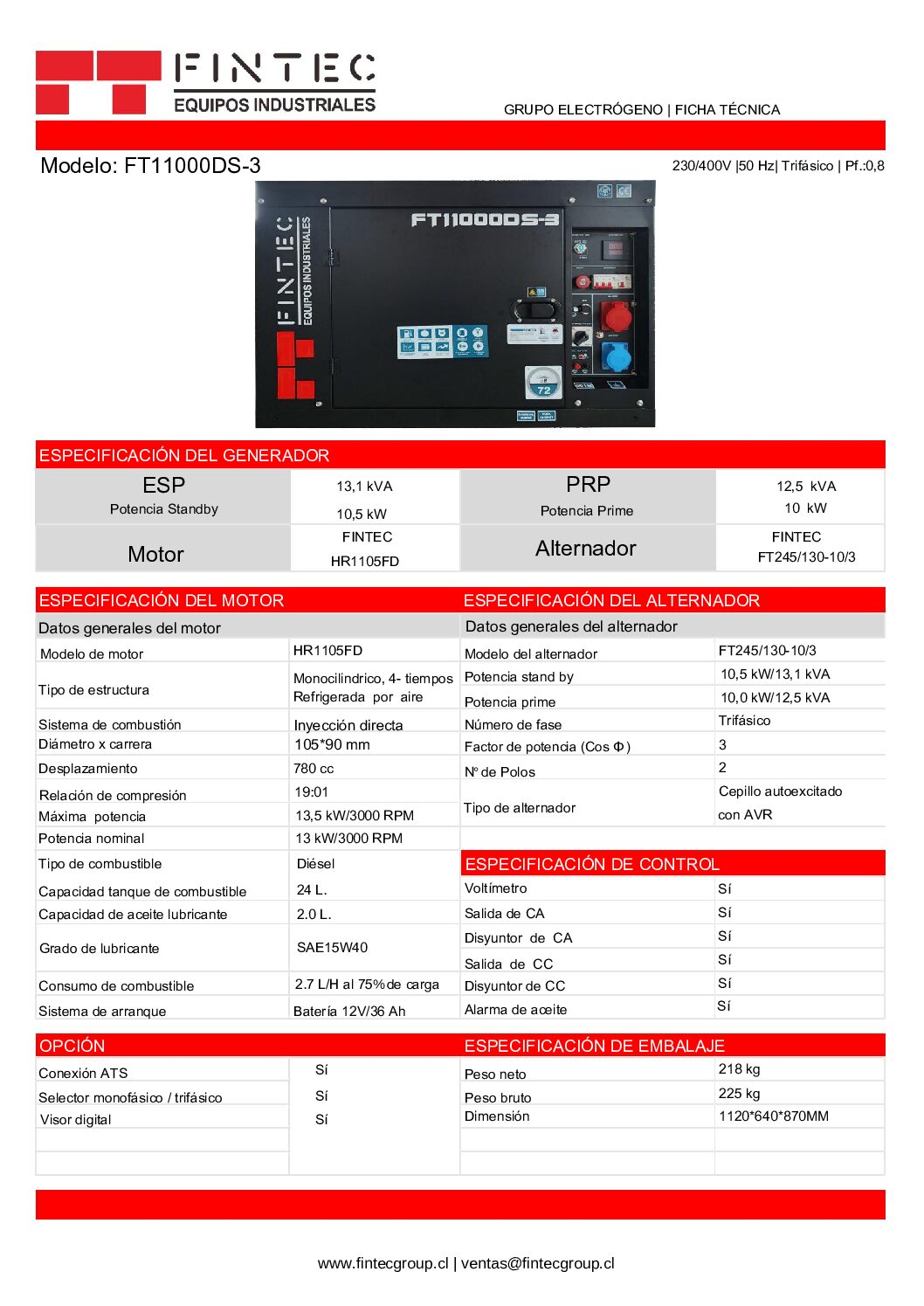 Generador Eléctrico FT11000DS-3 13 KVA Diésel Trifásico - Imagen 4